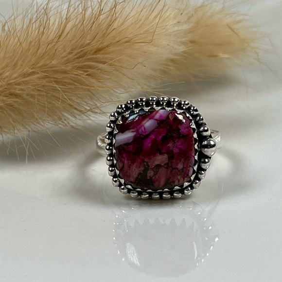 Solid 925 Sterling Silver Pink Dahlia Copper Turquoise Gemstone Ring Size 8.25 - Picture 8 of 9